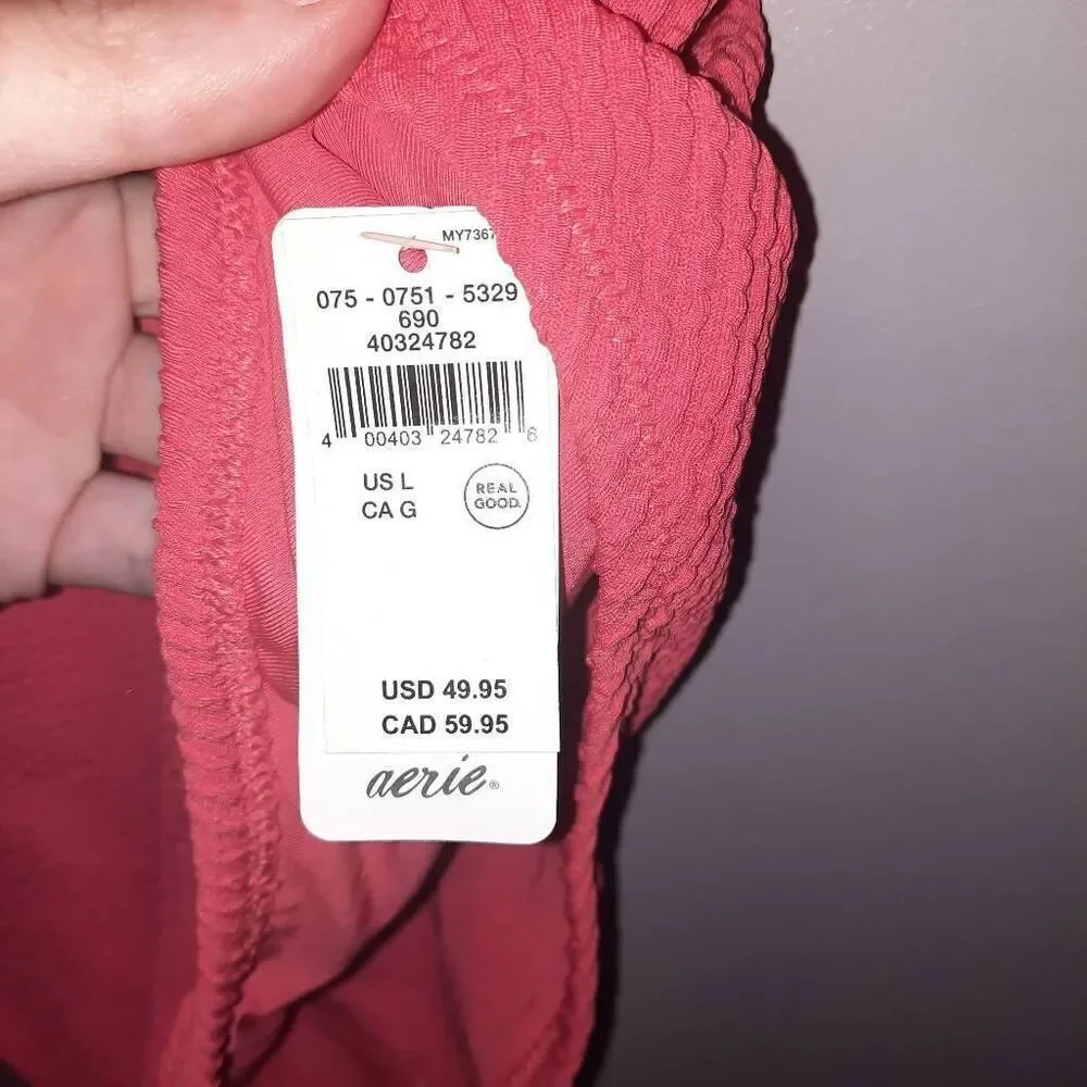 Aerie Red & Pale Pink Ribbed One Piece Swim Suit New With Tags Size Large - Picture 2 of 5